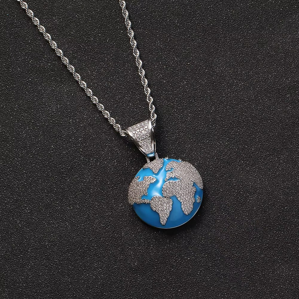 World Map Pendant Iced Out