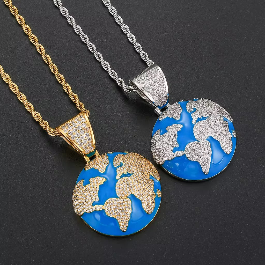 World Map Pendant Iced Out